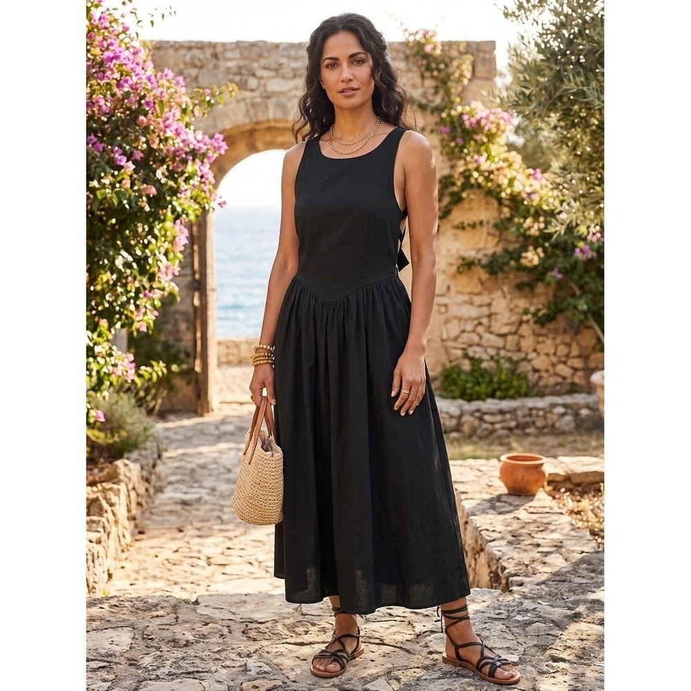 ASTR The Label Black Open Tie Back Midi Dress Sleeveless Cotton Dress